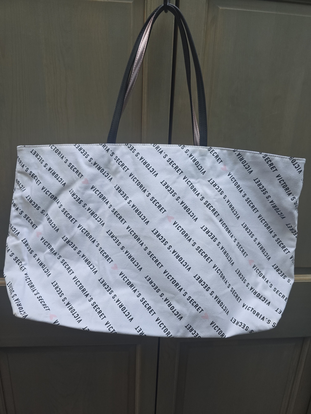 Victoria's Secret White Tote with Black Handles and Pink Accents